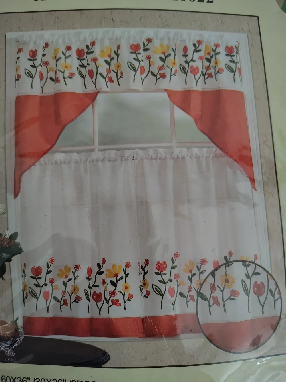 Floral Embroidered Kitchen Curtain Set - Coral and White (NEVER USED)